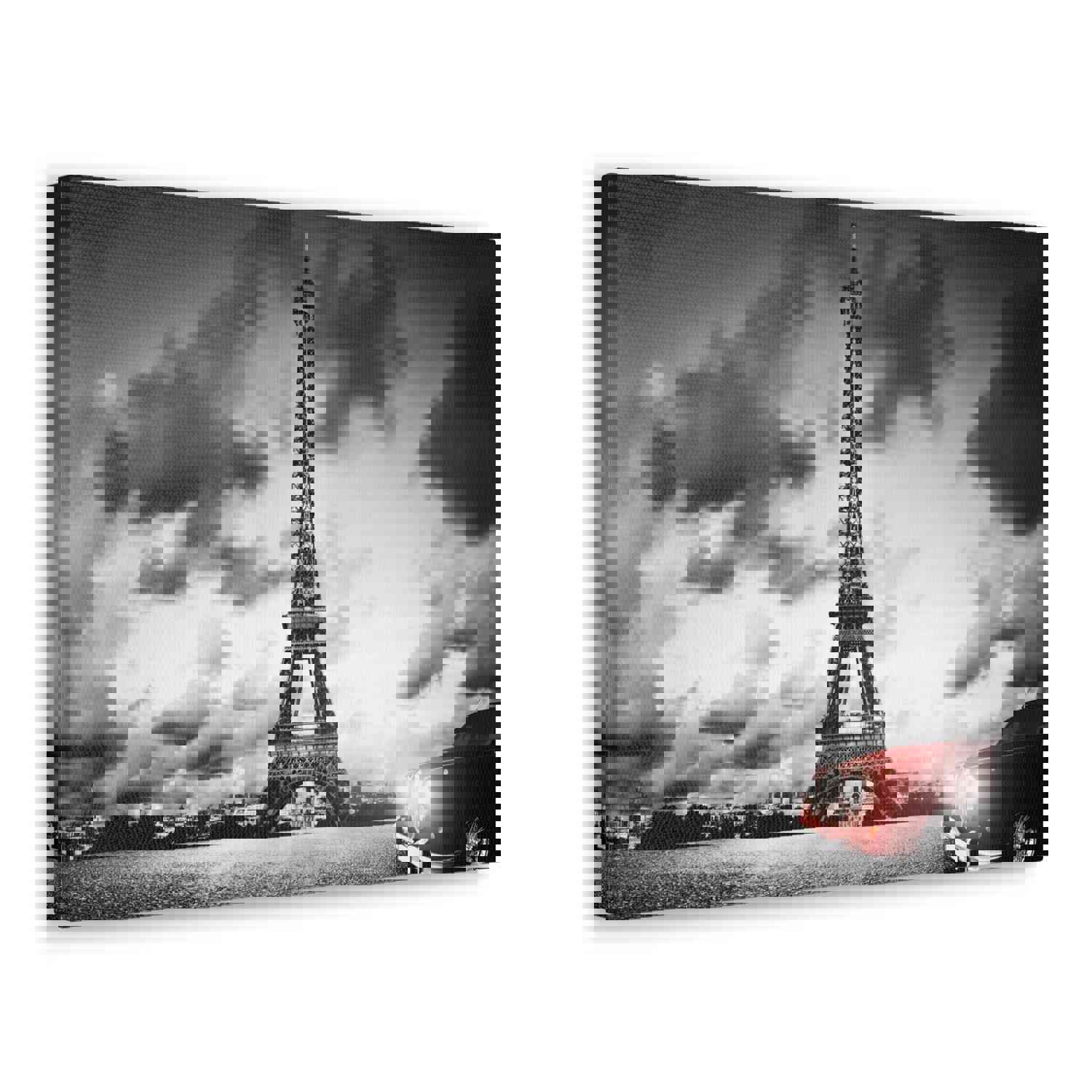 Artistic Paris Eiffel Tower and Red Retro Car Canvas Artwork for Home Decor