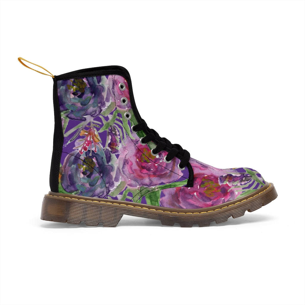 Purple Flower Print Women's Winter Boots - Vintage Style Lace-Up Combat Boots