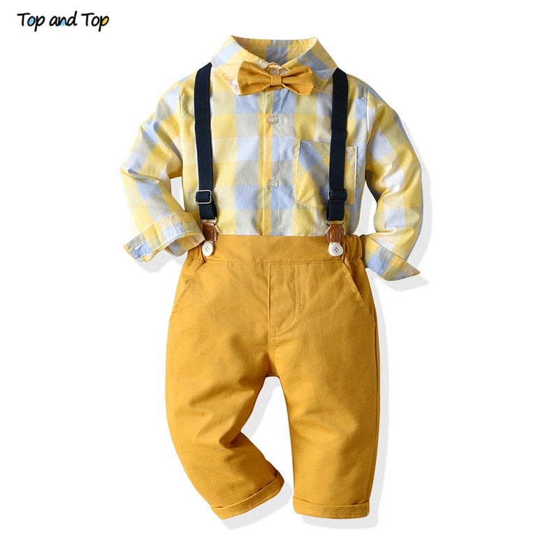 Boys Gentleman Clothing Set - Cotton Long Sleeve Plaid Shirt with Bow Tie and Overalls