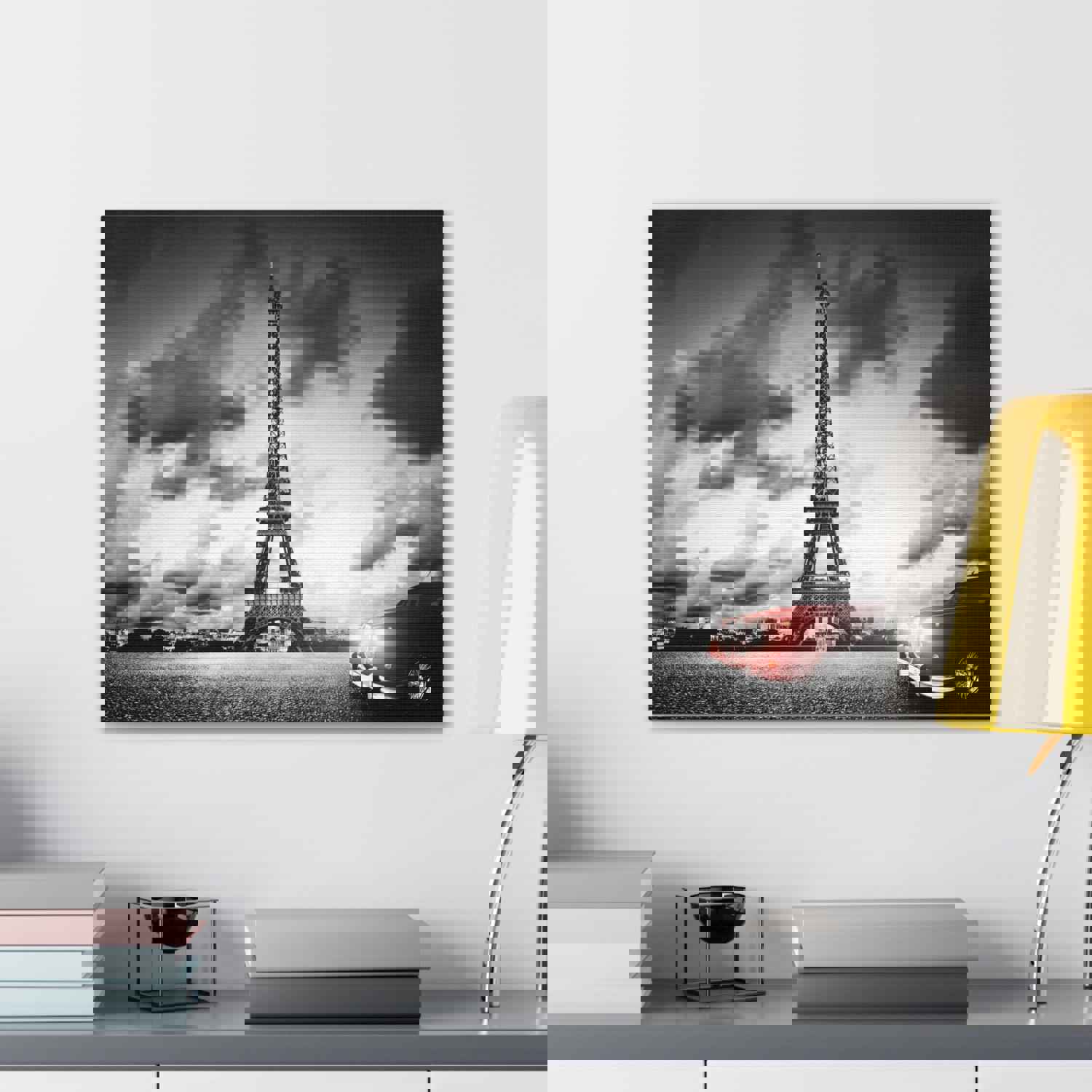 Artistic Paris Eiffel Tower and Red Retro Car Canvas Artwork for Home Decor