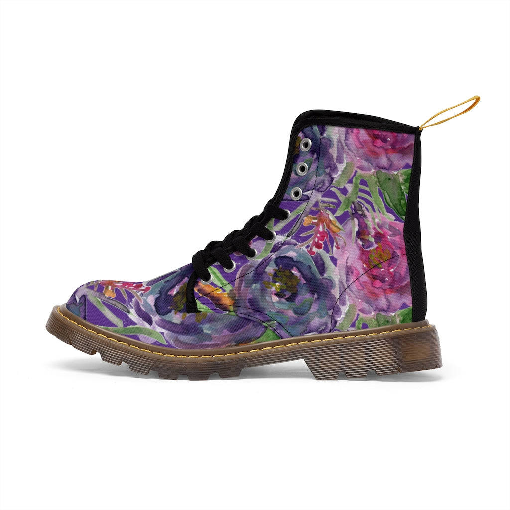 Purple Flower Print Women's Winter Boots - Vintage Style Lace-Up Combat Boots