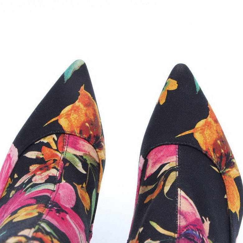 Autumn Women Thigh High Boots - Flower Print Stretch Fabric, Sexy Thin Heel, Pointed Toe, Side Zip