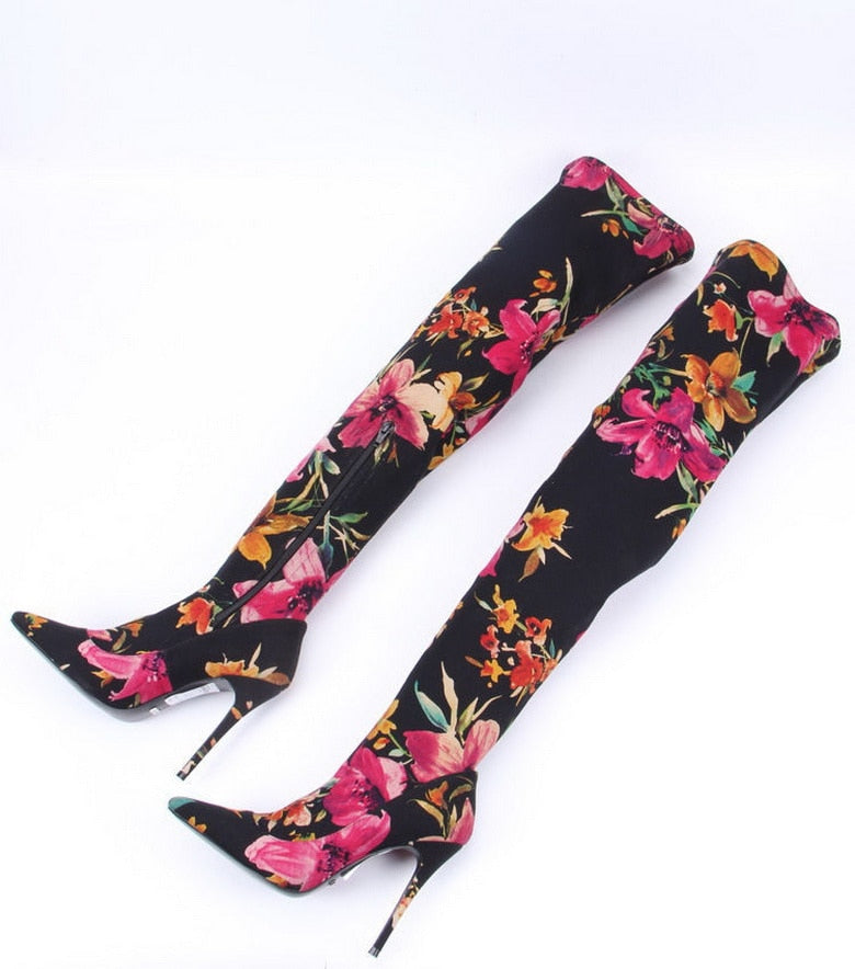 Autumn Women Thigh High Boots - Flower Print Stretch Fabric, Sexy Thin Heel, Pointed Toe, Side Zip