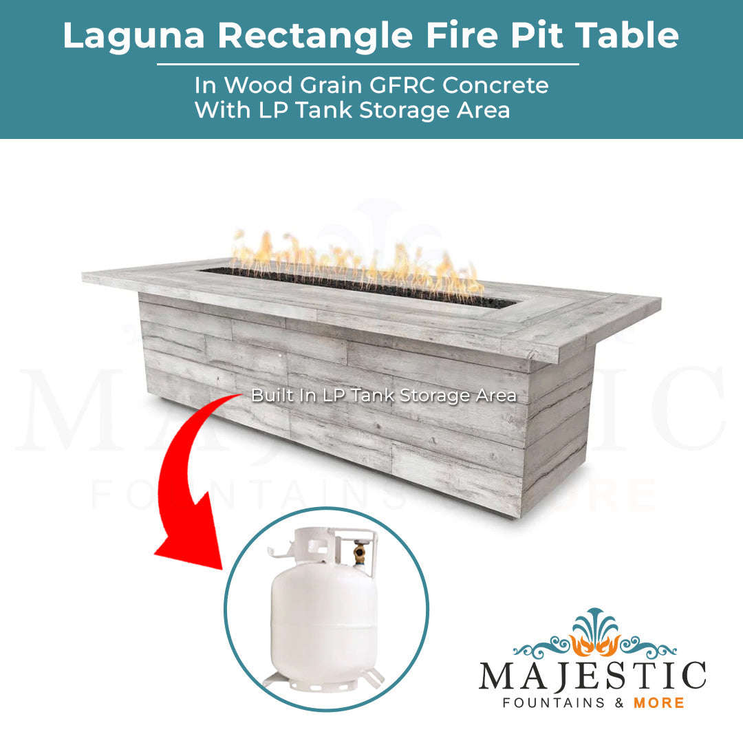 The Outdoor Plus Laguna Rectangle Fire Pit Table in Woodgrain Concrete + Free Cover