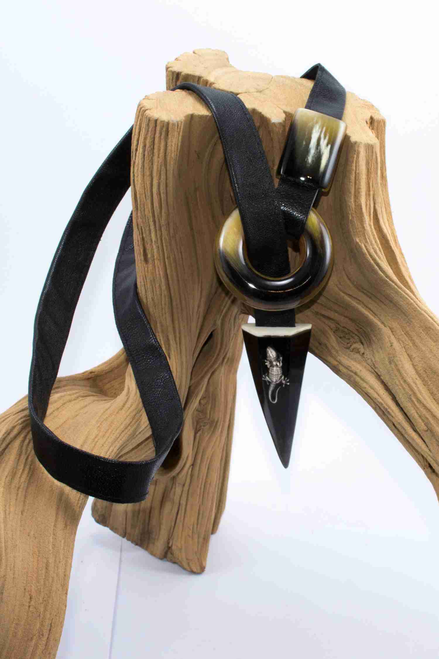 Handmade Horn Necklace with Leather Cord and Silver Salamander Pendant for Women