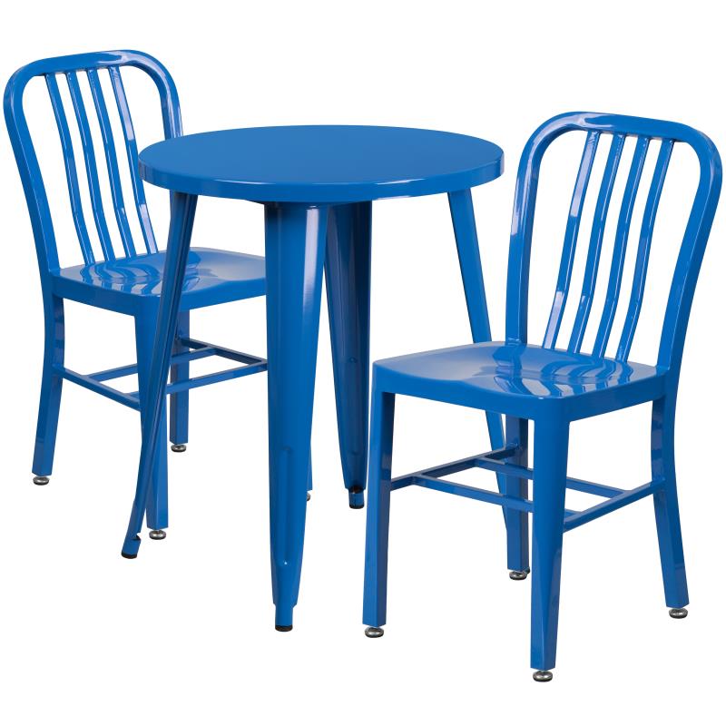 Napoleon Commercial Grade 24 Round Blue Metal Indoor-Outdoor Table Set with 2 Vertical Slat Back Chairs