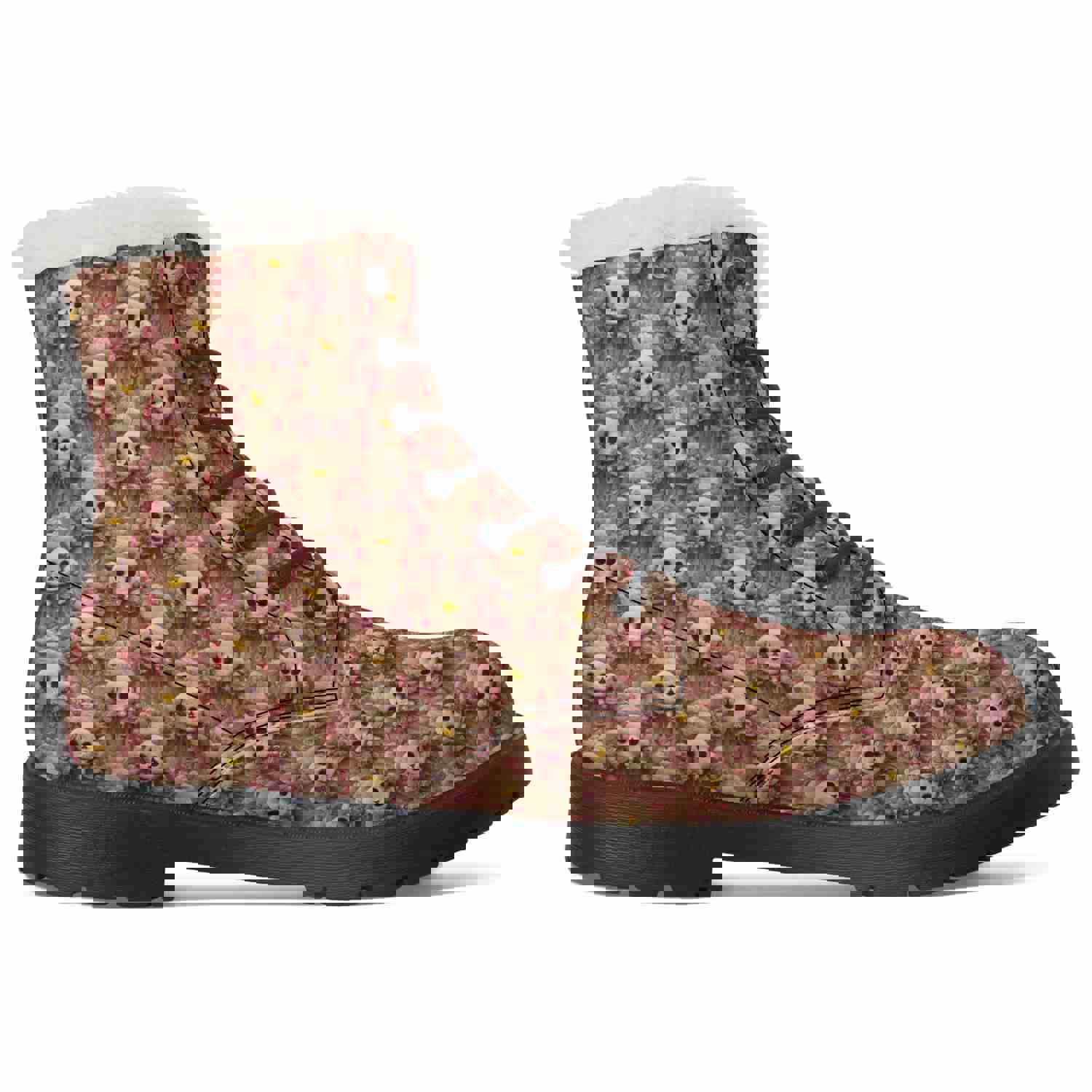 Womens Skulls Floral Faux Fur Leather Boots