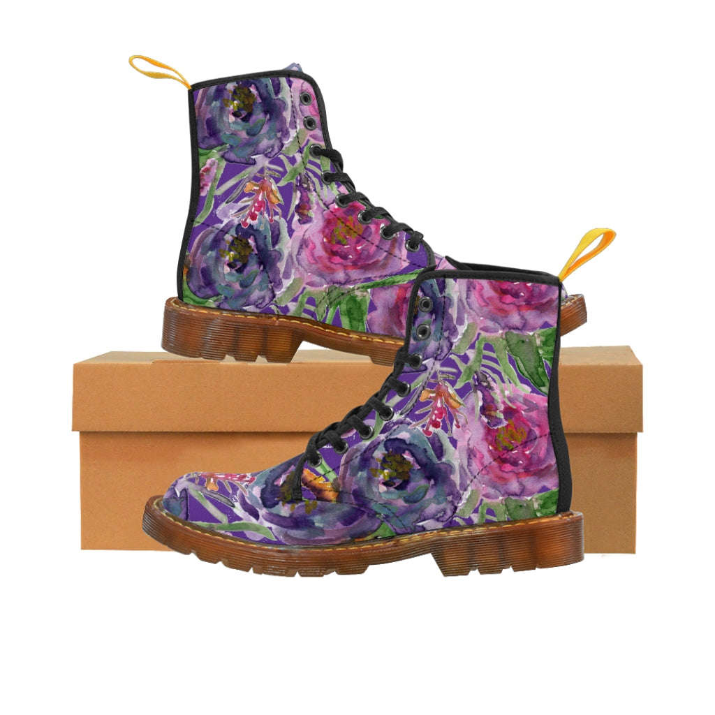 Purple Flower Print Women's Winter Boots - Vintage Style Lace-Up Combat Boots