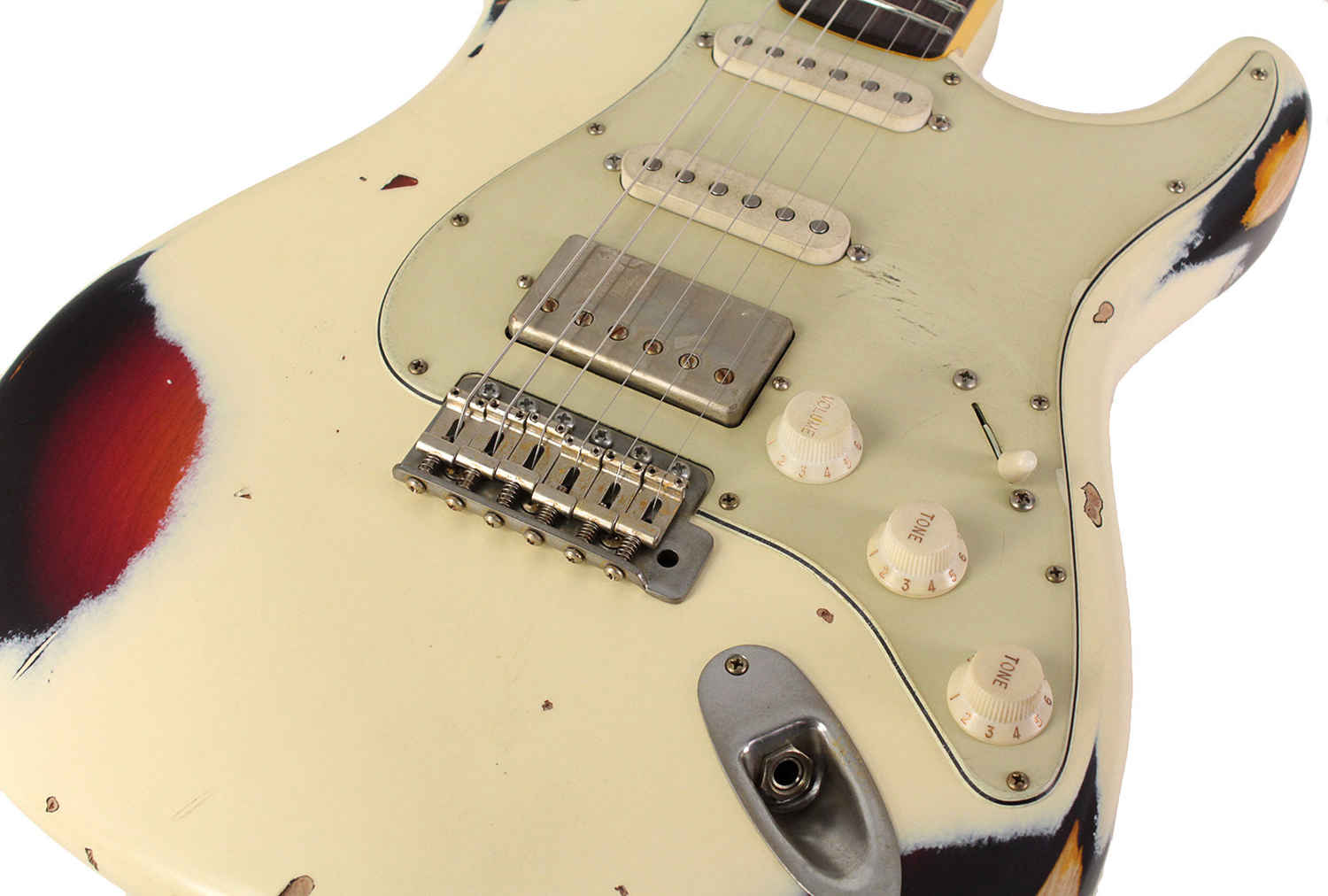Nash S-63 HSS Guitar, Aged Olympic White over 3 Tone Sunburst, Heavy Aging