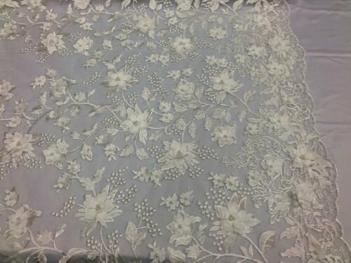 Ivory 3D Floral Embroidered Beaded Mesh Lace Fabric for Dresses and Decor
