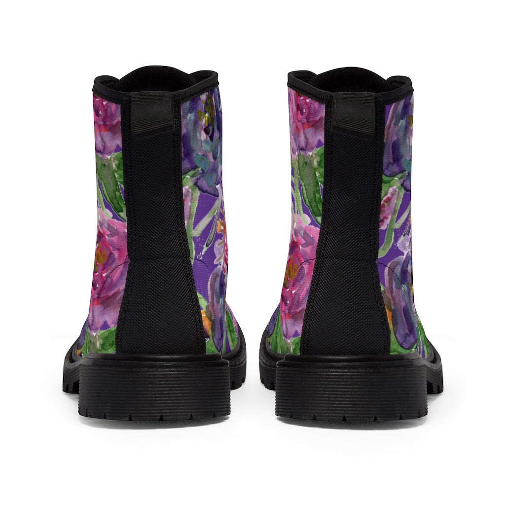 Purple Flower Print Women's Winter Boots - Vintage Style Lace-Up Combat Boots