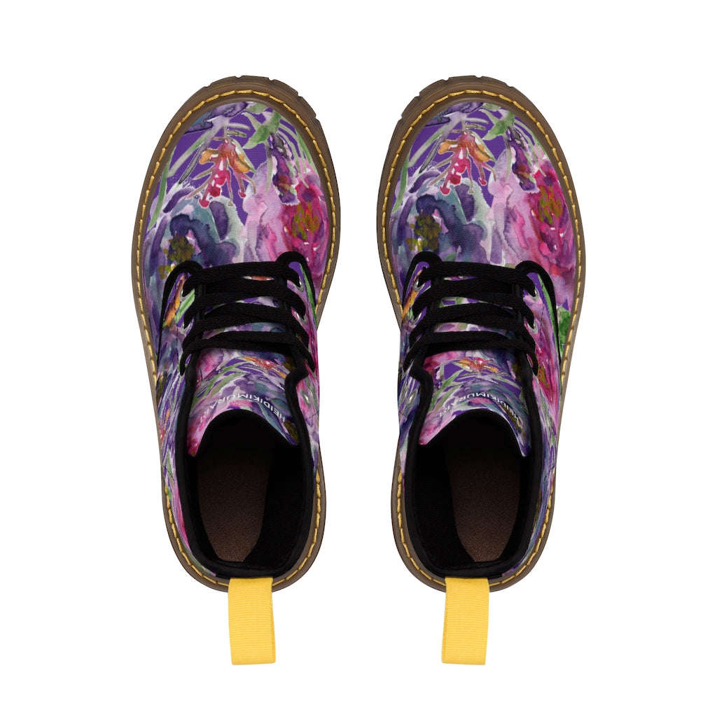 Purple Flower Print Women's Winter Boots - Vintage Style Lace-Up Combat Boots