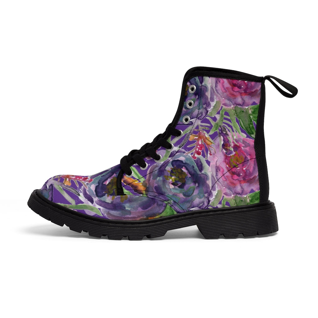 Purple Flower Print Women's Winter Boots - Vintage Style Lace-Up Combat Boots