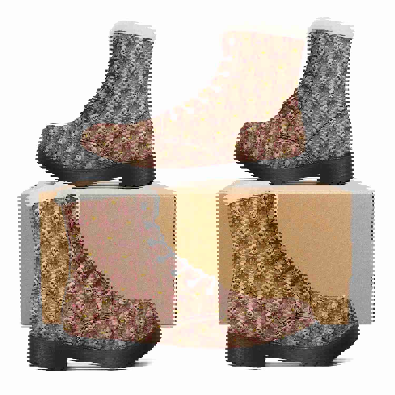 Womens Skulls Floral Faux Fur Leather Boots