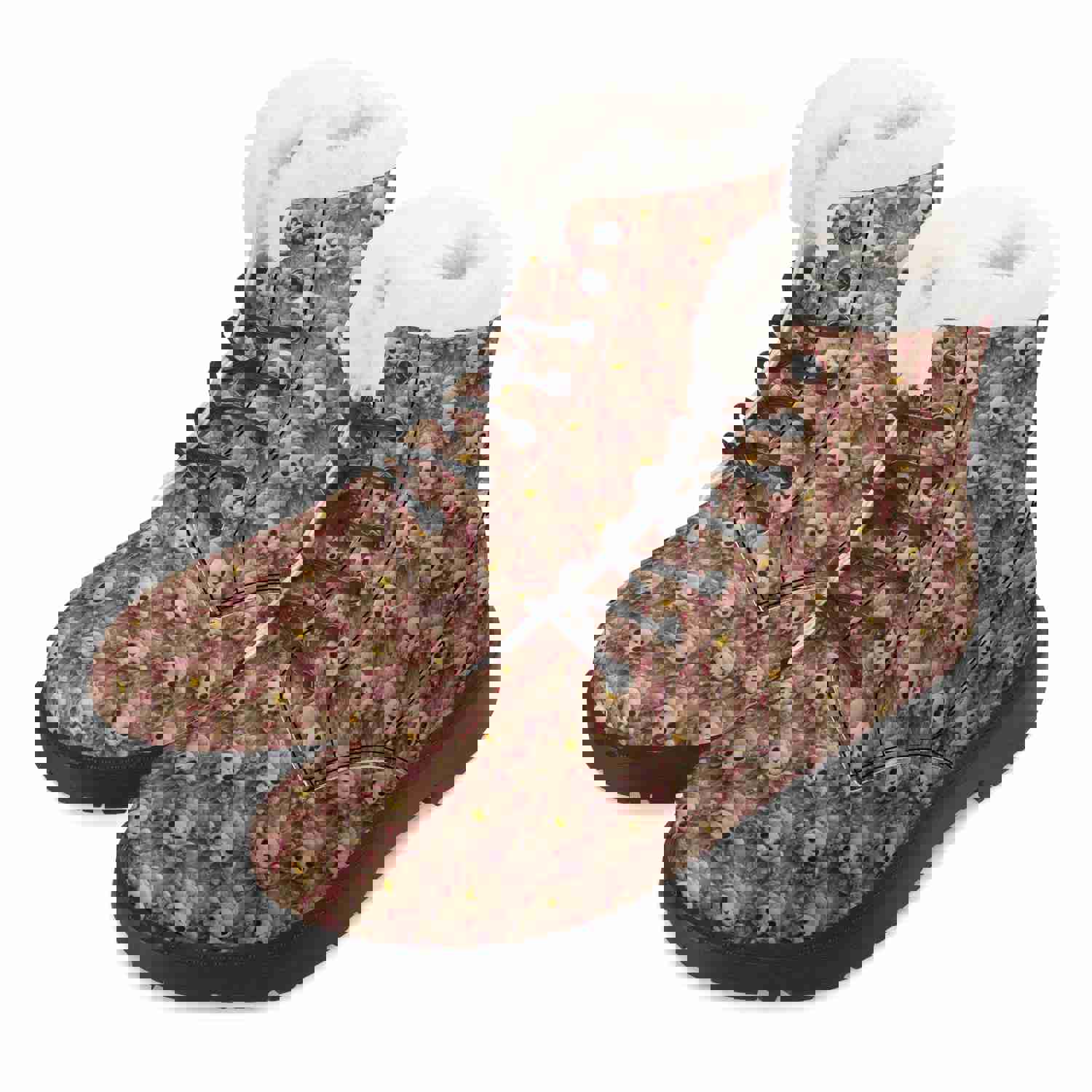 Womens Skulls Floral Faux Fur Leather Boots