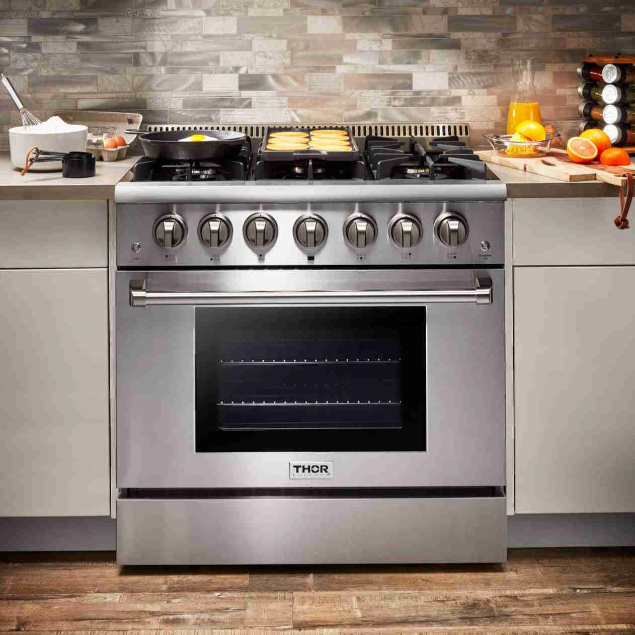 Thor Kitchen 4-Piece Pro Appliance Package - 36-Inch Dual Fuel Range, French Door Refrigerator, Dishwasher, and Microwave Drawer in Stainless Steel