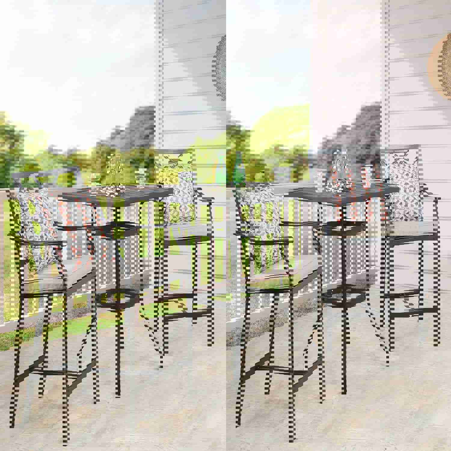 3-Piece Outdoor Patio Bar Height Dining Set with Square Steel Table and Beige Cushion Bar Stools