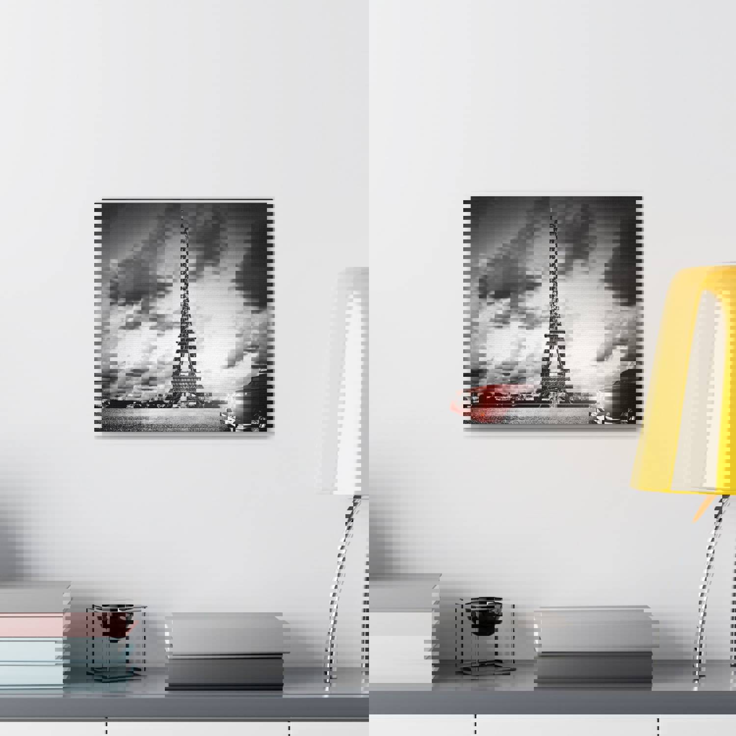Artistic Paris Eiffel Tower and Red Retro Car Canvas Artwork for Home Decor