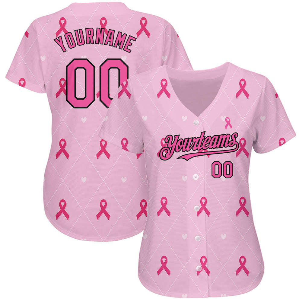 Custom Pink Black 3D Pink Ribbon Breast Cancer Awareness Baseball Jersey