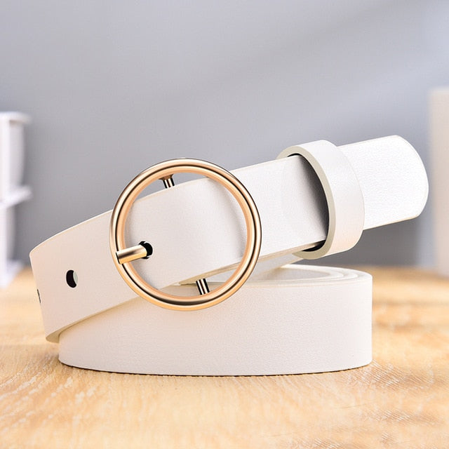 CARTELO Women's Fashion Leather Belt with Golden Round Pin Buckle