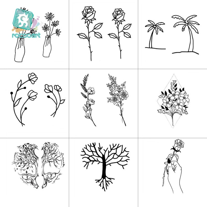 Rocooart Black White Style Temporary Tattoo Sticker - Tree Flower Leaf Rose Body Art