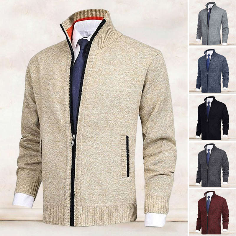 Men's Solid Color Stand Collar Cardigan Sweater Knit Jacket