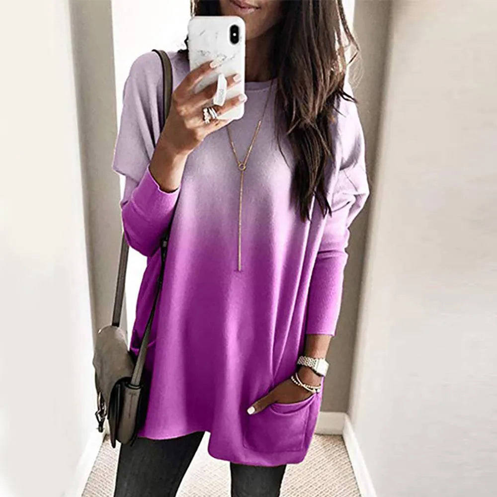 Nukty Women's Long Sleeve Pocket Tunic Blouse - Loose Fit Autumn/Winter Top