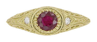 1920s Art Deco Yellow Gold Ruby Filigree Engagement Ring with Side Diamonds