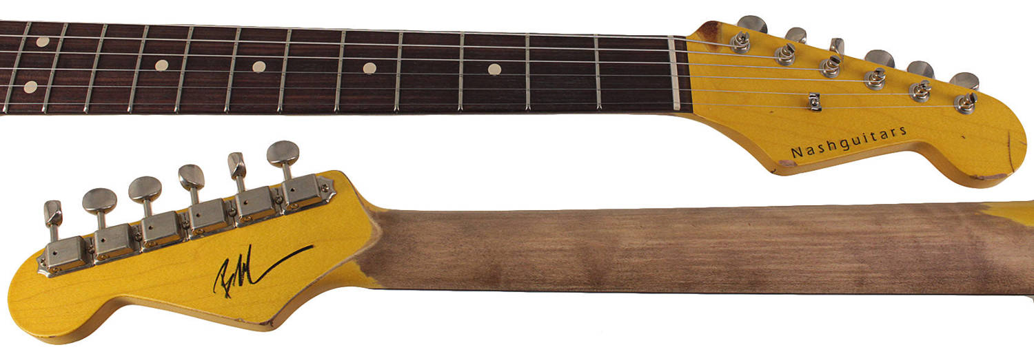 Nash S-63 HSS Guitar, Aged Olympic White over 3 Tone Sunburst, Heavy Aging