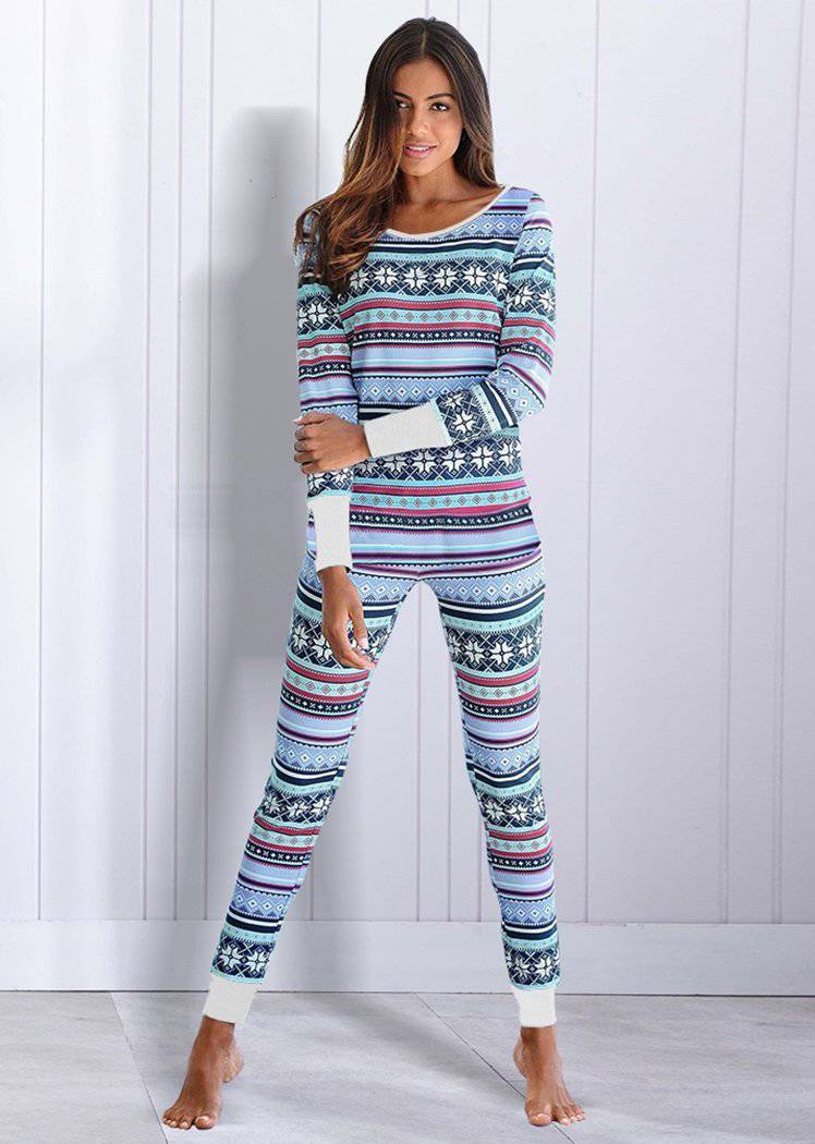 Fashion Christmas Striped Print Long Sleeve 2 Pieces Christmas Pajamas for Women