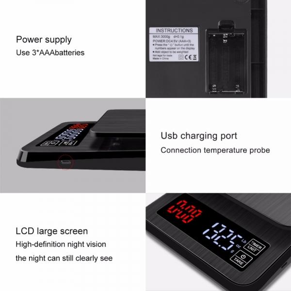 LED Electronic Drip Coffee Scale with Timer for Household Cooking Baking Weighing with Precision Sensors Black - 3kg/0.1g