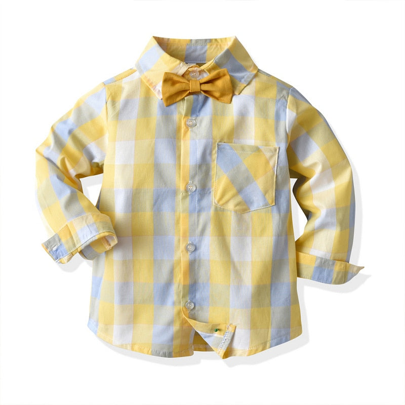 Boys Gentleman Clothing Set - Cotton Long Sleeve Plaid Shirt with Bow Tie and Overalls