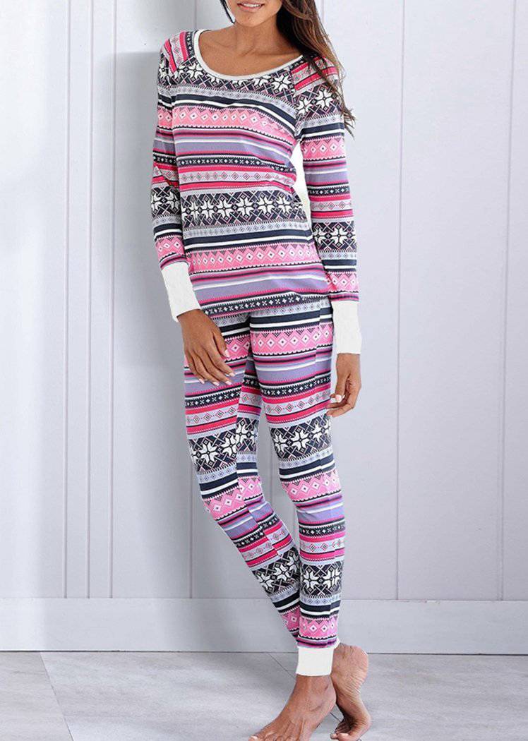 Fashion Christmas Striped Print Long Sleeve 2 Pieces Christmas Pajamas for Women
