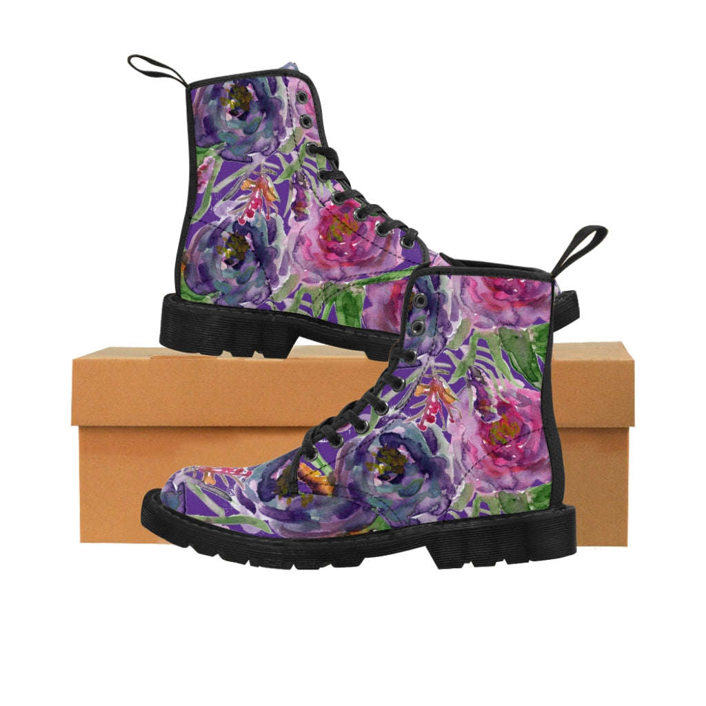 Purple Flower Print Women's Winter Boots - Vintage Style Lace-Up Combat Boots