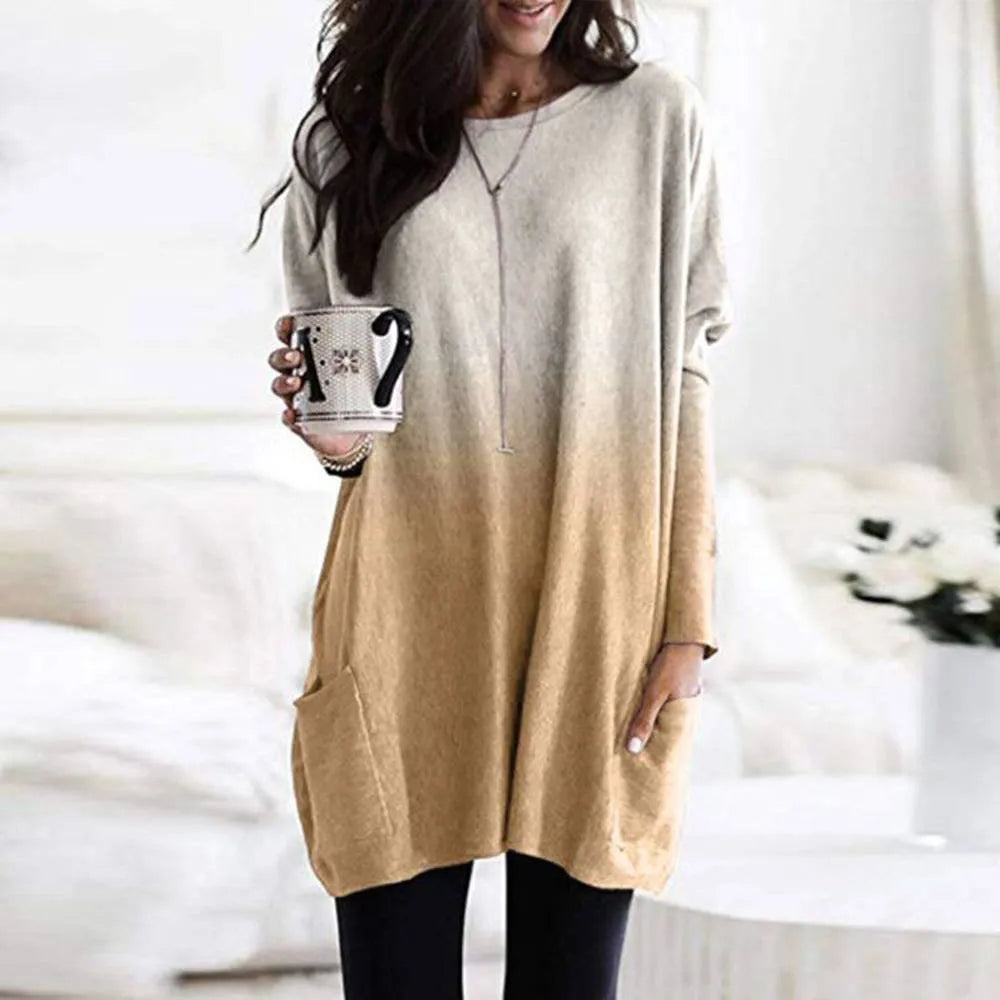 Nukty Women's Long Sleeve Pocket Tunic Blouse - Loose Fit Autumn/Winter Top