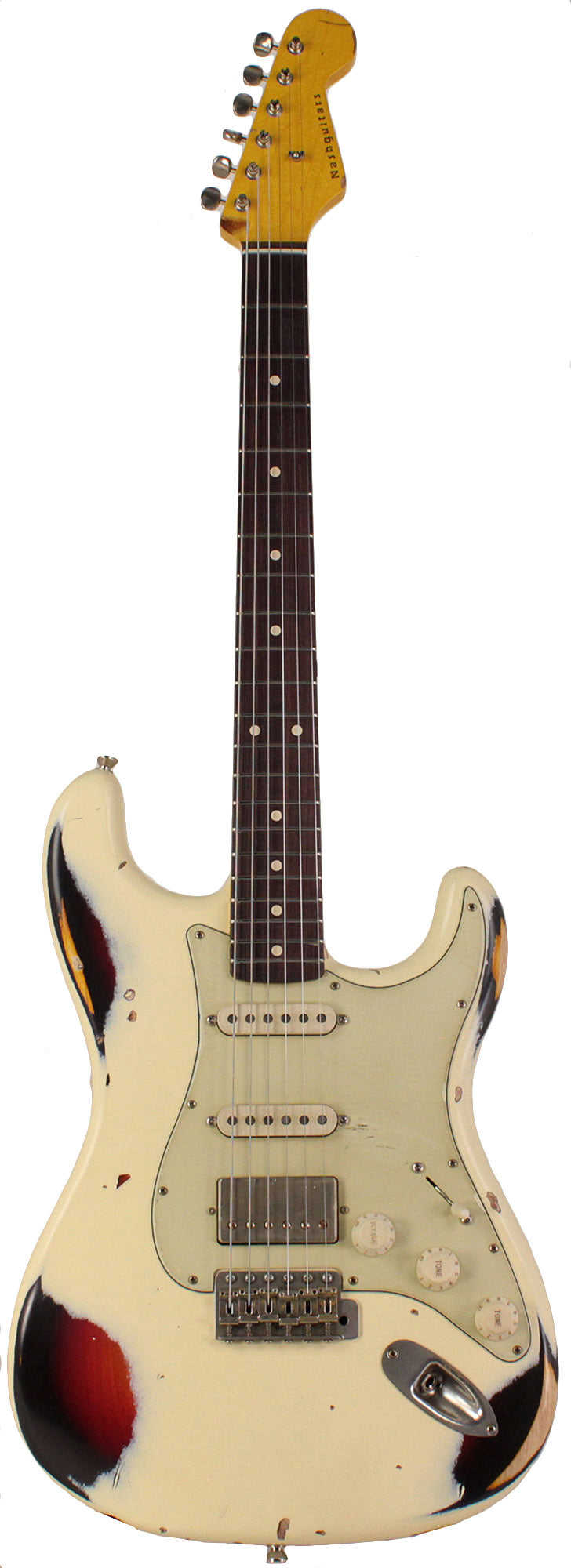 Nash S-63 HSS Guitar, Aged Olympic White over 3 Tone Sunburst, Heavy Aging