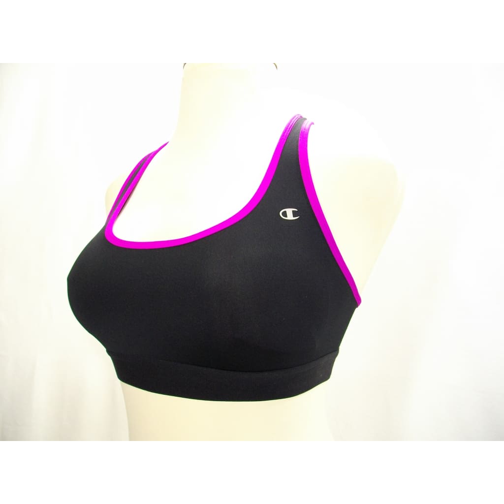 Champion B0791 Compression Racerback Wire Free Sports Bra - Medium, Black with Purple Trim
