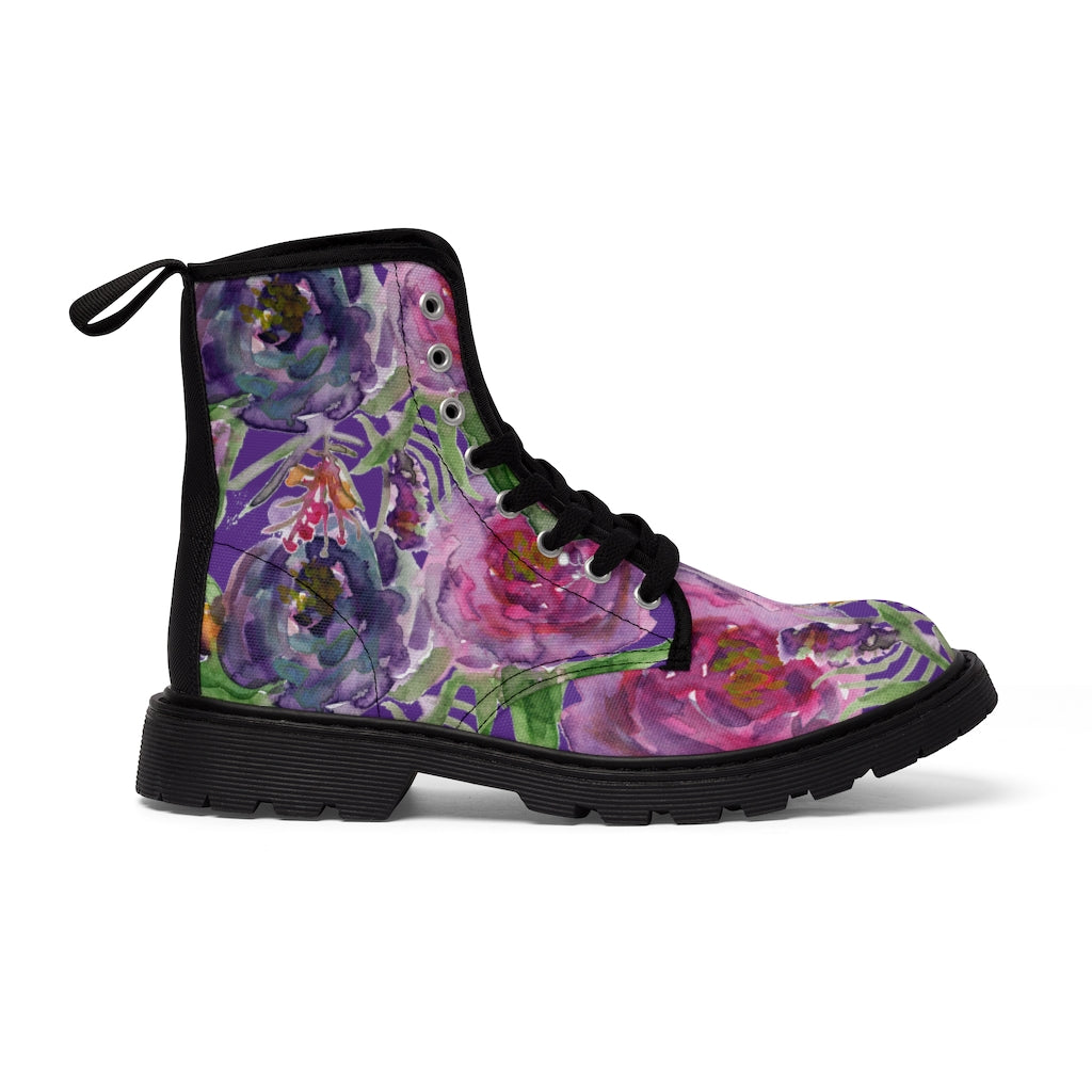 Purple Flower Print Women's Winter Boots - Vintage Style Lace-Up Combat Boots