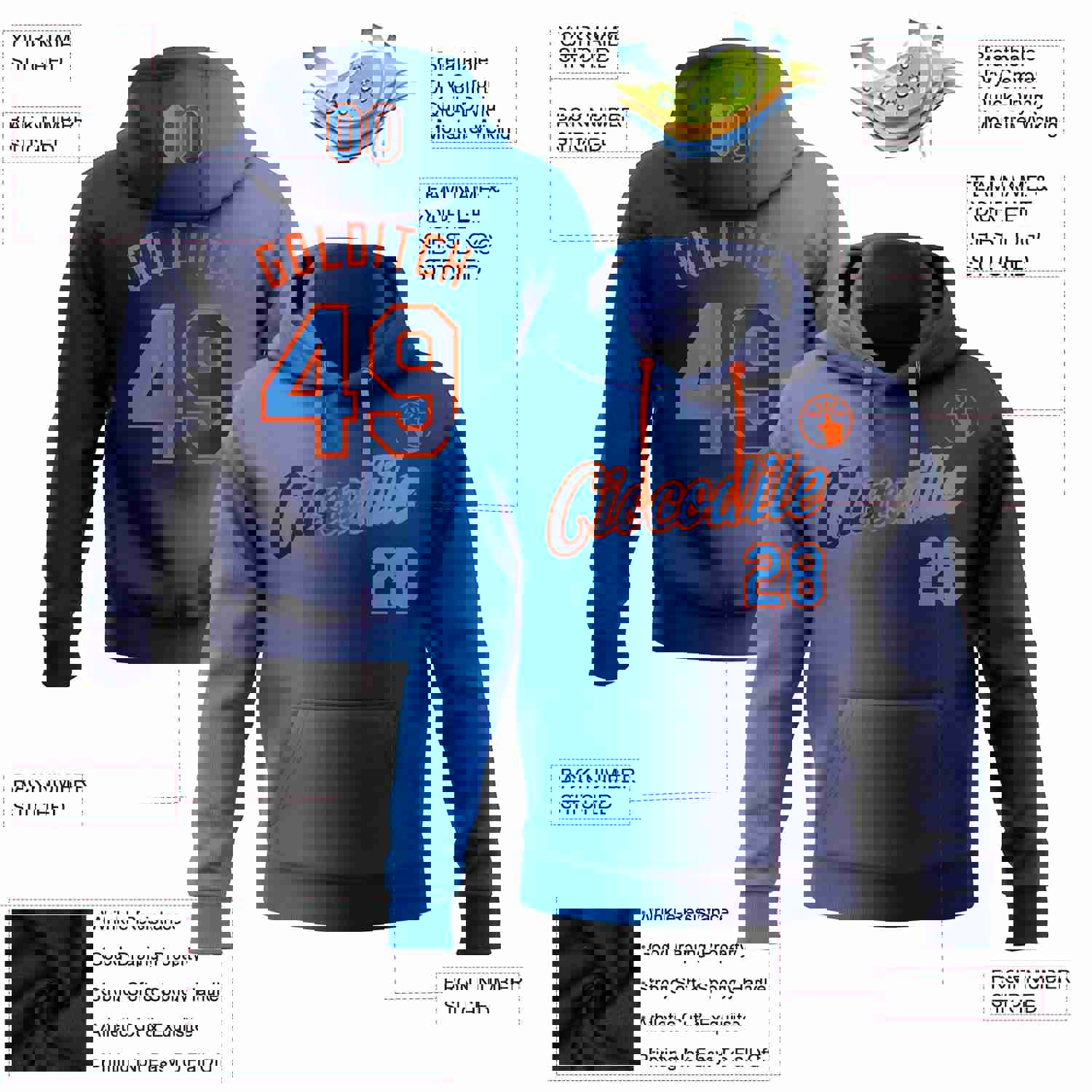 Custom Stitched Navy Electric Blue-Orange Gradient Fashion Sports Pullover Sweatshirt Hoodie
