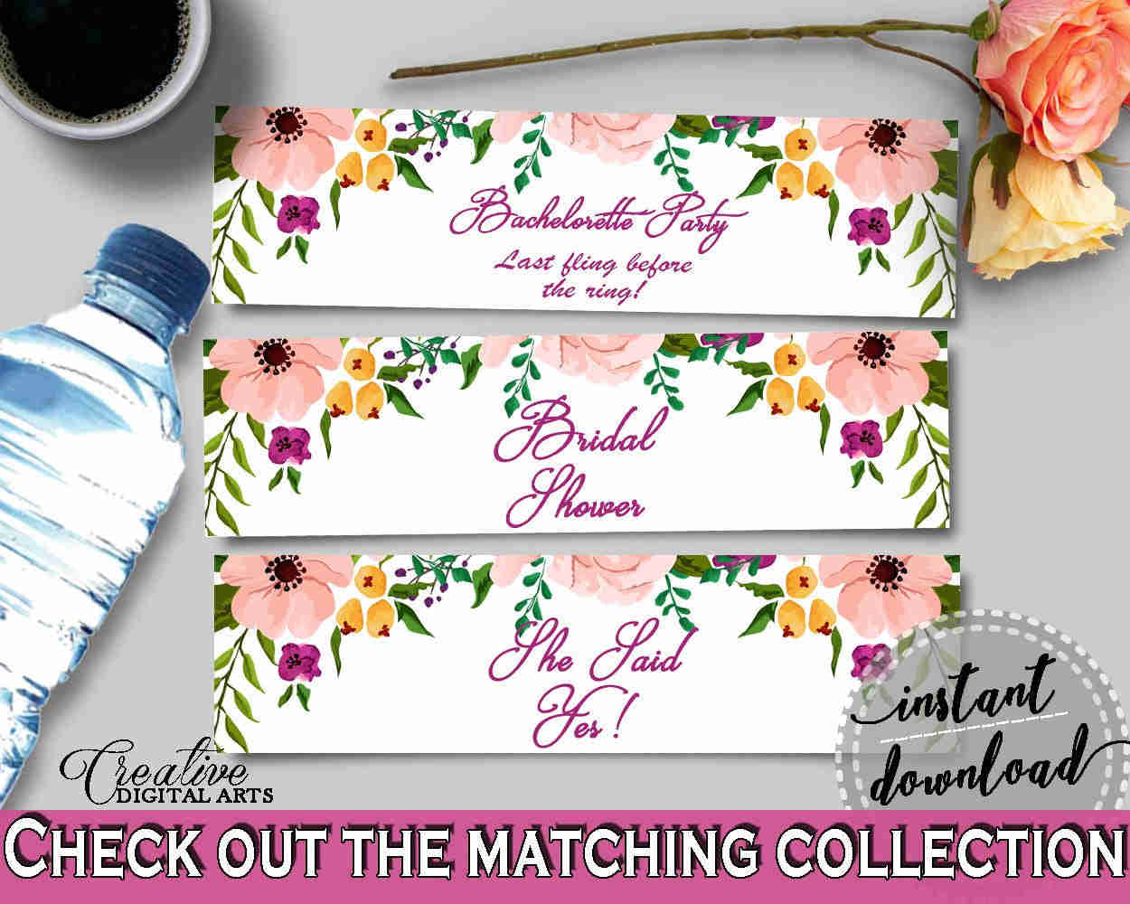 Watercolor Flowers Bridal Shower Bottle Labels - Printable Floral Party Stickers