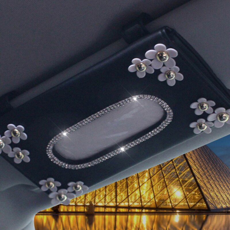 1 Pcs Car Crystal Paper Box with Chrysanthemum Crystal Tissue Box for Sun Visor