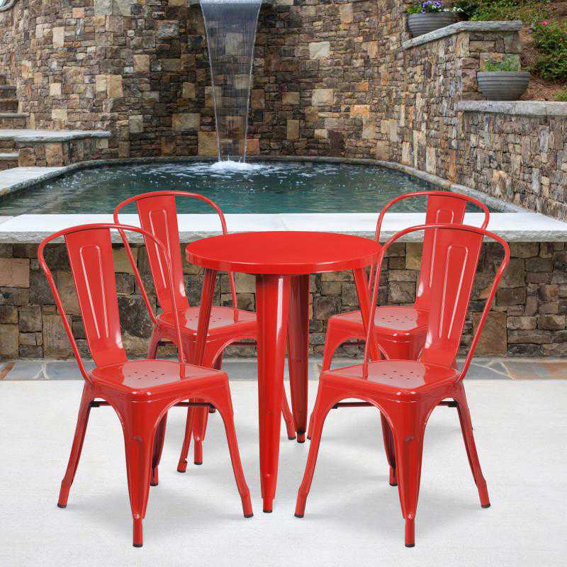 Flash Furniture Chauncey Commercial Grade 24 Round Red Metal Indoor-Outdoor Table Set with 4 Cafe Chairs