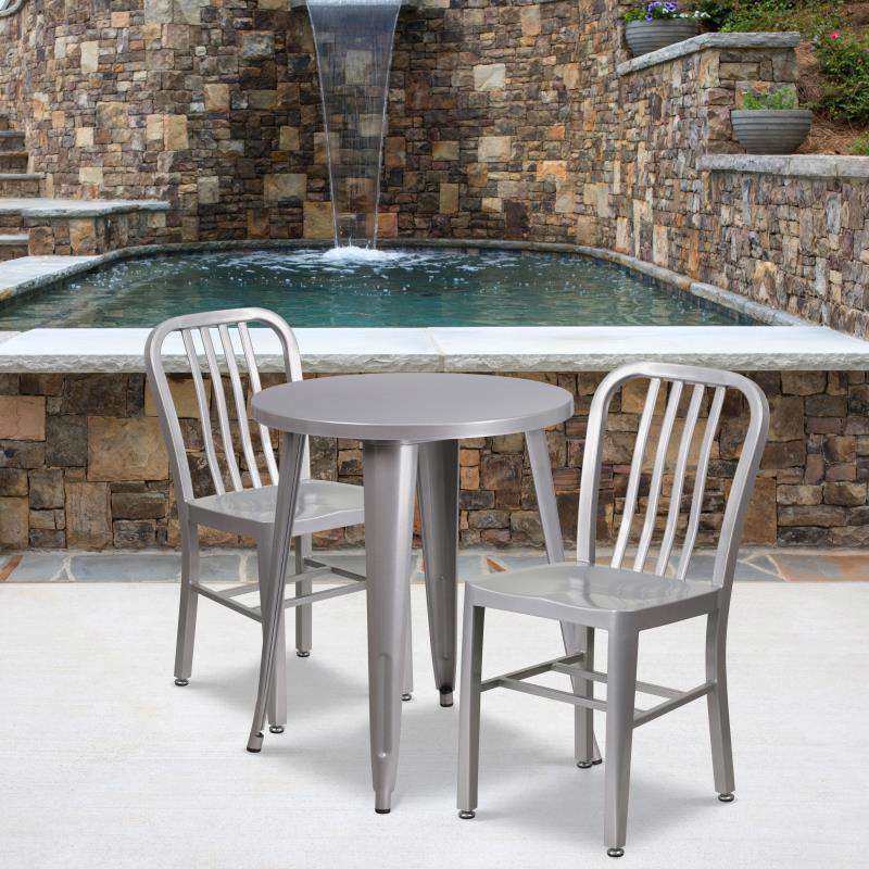 Napoleon Commercial Grade 24 Round Silver Metal Indoor-Outdoor Table Set with 2 Chairs