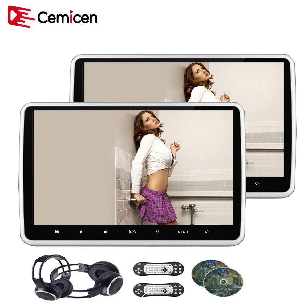 Cemicen 2PCS 10.1 Inch Car Headrest Monitor with DVD Player, USB/SD/HDMI/IR/FM, TFT LCD Screen, Touch Button & Game Remote Control
