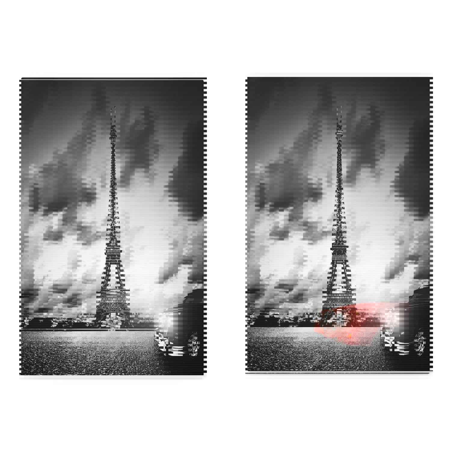 Artistic Paris Eiffel Tower and Red Retro Car Canvas Artwork for Home Decor