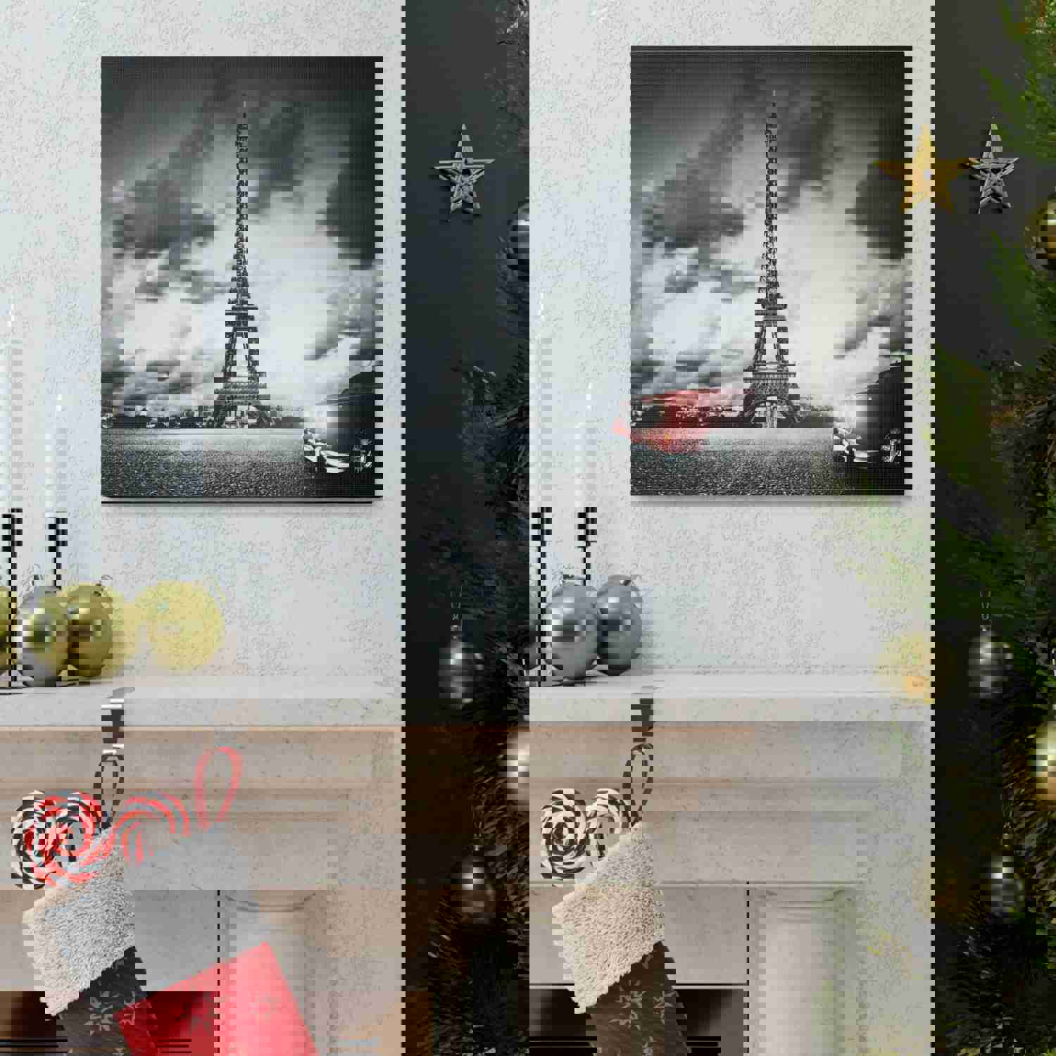 Artistic Paris Eiffel Tower and Red Retro Car Canvas Artwork for Home Decor
