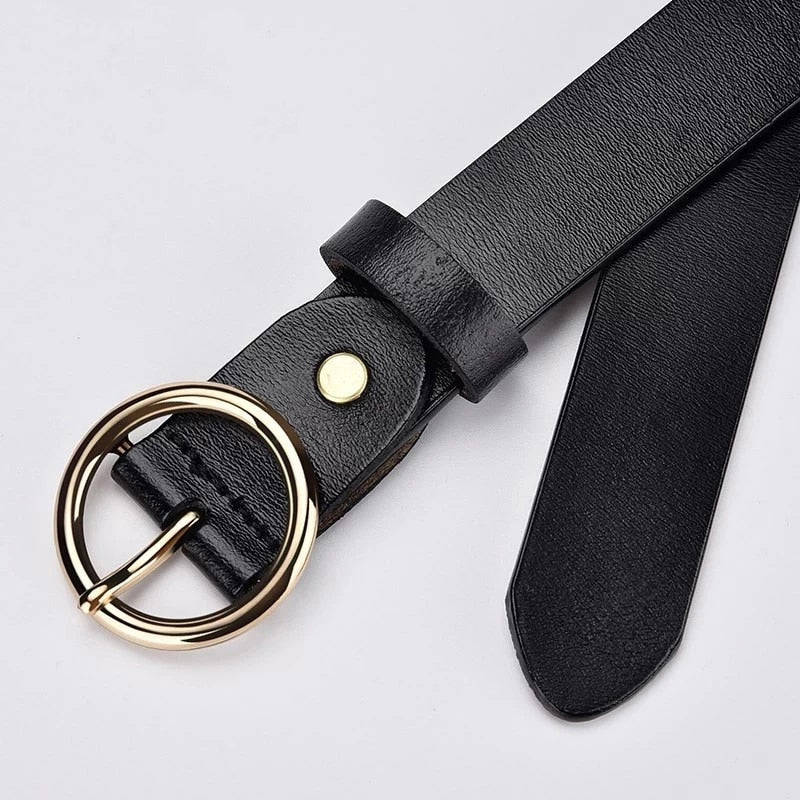 CARTELO Women's Fashion Leather Belt with Golden Round Pin Buckle