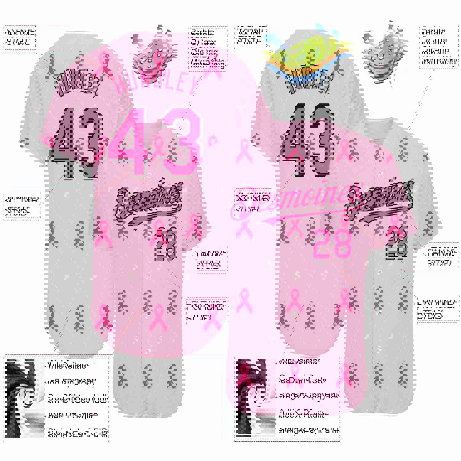 Custom Pink Black 3D Pink Ribbon Breast Cancer Awareness Baseball Jersey