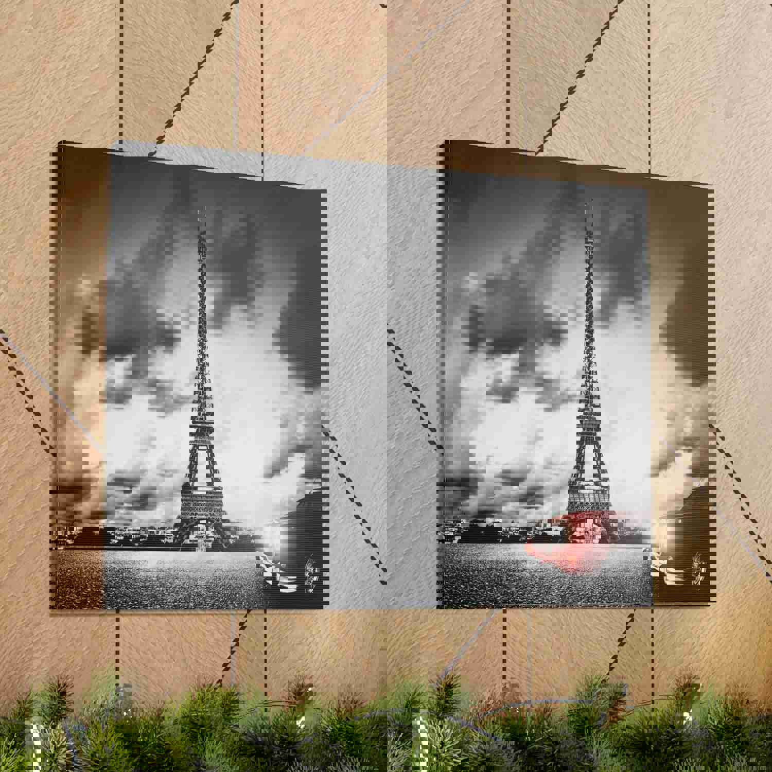 Artistic Paris Eiffel Tower and Red Retro Car Canvas Artwork for Home Decor