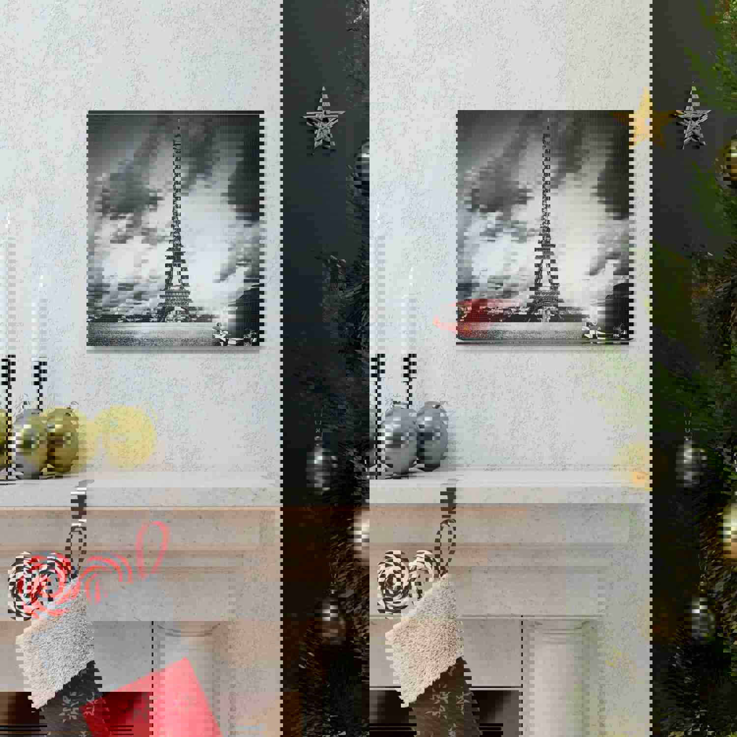 Artistic Paris Eiffel Tower and Red Retro Car Canvas Artwork for Home Decor